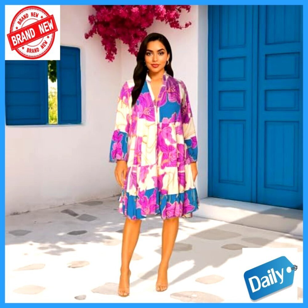 Floral Print Button Down Shirt Dress Long Sleeve Mini Midi Casual Work - Picture 6 of 6